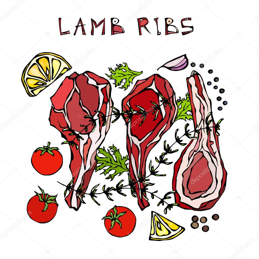 Lamb Ribs Chops with Herbs, Lemon, Tomato, Parsley, Thyme, Pepper. Meat Guide for Butcher Shop or Steak House Restaurant Menu. Hand Drawn Illustration. Doodle Style