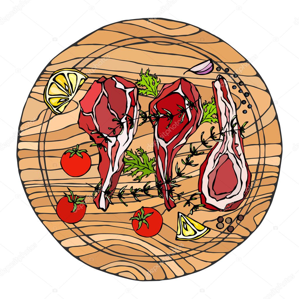 Lamb Ribs Chops with Herbs, Lemon, Tomato, Parsley, Thyme, Pepper. On a Round Wooden Cutting Board. Meat Guide for Butcher Shop or Steak House Restaurant Menu. Hand Drawn Illustration. Doodle Style