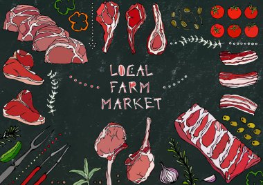 Yerel tarım pazarı. Et Kesikleri - Biftek, Domuz eti, Kuzu, Biftek, Kemiksiz Kalça, Pirzola Kızartma, Fileto ve Pirzola. Domates, zeytin, dolma biber, soğan, sarımsak, otlu çatal maşa kara tahta arka plan ve tebeşir.