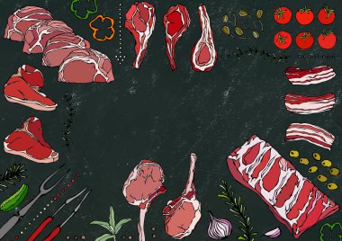 Et Kemikleri - Biftek, Domuz eti, Kuzu, Biftek, Kemiksiz Kalça, Pirzola Kızartma, Fileto ve Pirzola. Domates, zeytin, dolma biber, soğan, kapari, sarımsaklı otlar çatal maşa kara tahta arka plan ve tebeşir.