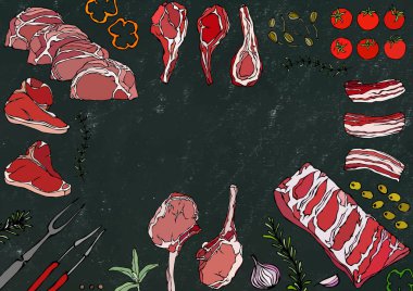 Et Kemikleri - Biftek, Domuz eti, Kuzu, Biftek, Kemiksiz Kalça, Pirzola Kızartma, Fileto ve Pirzola. Domates, zeytin, dolma biber, soğan, kapari, sarımsaklı otlar çatal maşa kara tahta arka plan ve tebeşir.