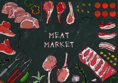 Et pazarı. Et Kesikleri - Biftek, Domuz eti, Kuzu, Biftek, Kemiksiz Kalça, Pirzola Kızartma, Fileto ve Pirzola. Domates, zeytin, dolma biber, soğan, sarımsaklı otlar çatal maşa kara tahta arka plan ve tebeşir.