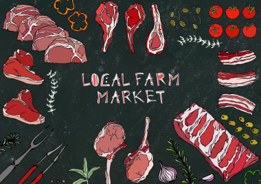 Yerel tarım pazarı. Et Kesikleri - Biftek, Domuz eti, Kuzu, Biftek, Kemiksiz Kalça, Pirzola Kızartma, Fileto ve Pirzola. Domates, zeytin, dolma biber, soğan, sarımsak, otlu çatal maşa kara tahta arka plan ve tebeşir.