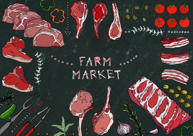 Çiftlik Pazarı. Et Kesikleri - Biftek, Domuz eti, Kuzu, Biftek, Kemiksiz Kalça, Pirzola Kızartma, Fileto ve Pirzola. Domates, zeytin, dolma biber, soğan, sarımsaklı otlar çatal maşa kara tahta arka plan ve tebeşir.