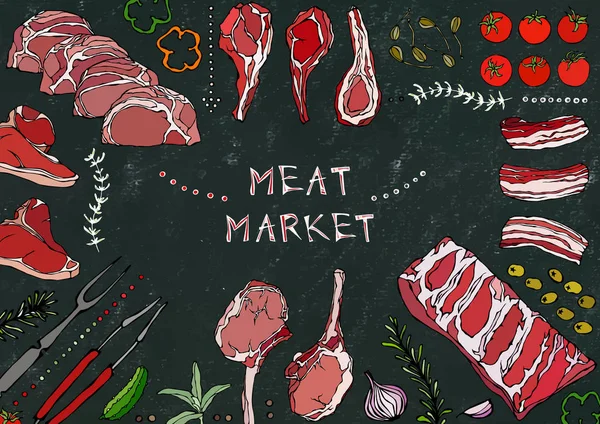 Mercado Carne Cortes Carne Carne Cerdo Cordero Paja Ruba Sin — Vector de stock