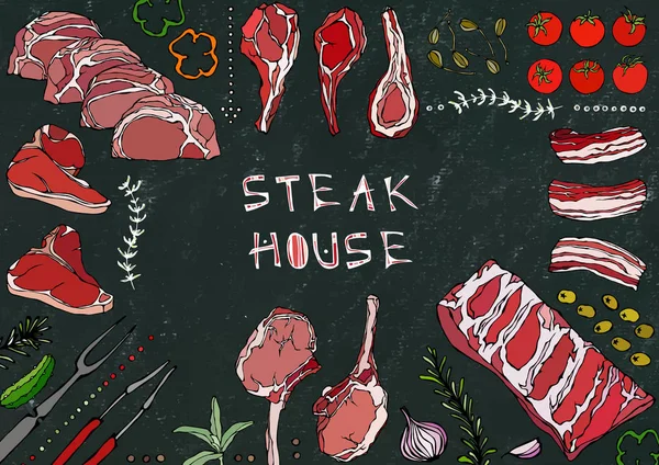 Steak Ház Húsdarabok Marhahús Sertéshús Bárány Steak Csontozott Farok Bordasült — Stock Vector