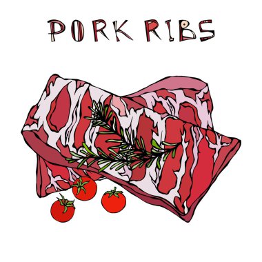 Rosemary Herb ve Domatesli Domuz Pirzolası. Et Rehberi Kasap Dükkanı veya Et Lokantası Menüsü. El Çizimi İllüstrasyonu. Doodle Biçimi