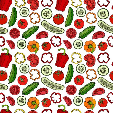 Mini salatalıklı, kırmızı domatesli, dolma biberli ve domatesli. Taze Yeşil Sebze Salatası. Sağlıklı vejetaryen mutfağı. El Çizimi İllüstrasyonu. Doodle Biçimi