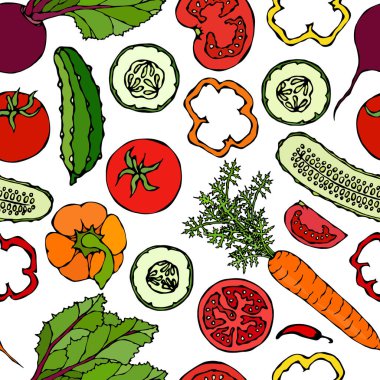 Salatalıklı, kırmızı domatesli, biberli, pancar, havuçlu sebzesiz patern. Taze yeşil salata. Sağlıklı vejetaryen yemekleri. El Çizimi İllüstrasyonu. Doodle Biçimi