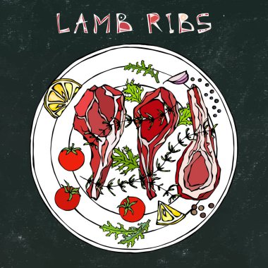 Otlu kuzu pirzola, limon, domates, maydanoz, kekik, biber. Yuvarlak bir tabakta. Et Rehberi Et Lokantası Menüsü. El Çizimi İllüstrasyonu. Doodle stili. Siyah Tahta Arkaplan ve Tebeşir