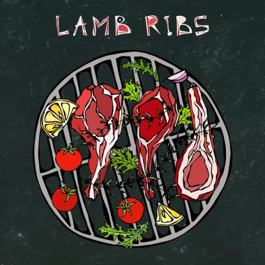 Otlu kuzu pirzola, limon, domates, maydanoz, kekik, biber. Round Grill BBQ 'da. Et Lokantası Menüsü. El Çizimi İllüstrasyonu. Doodle stili. Siyah Tahta Arkaplan ve Tebeşir