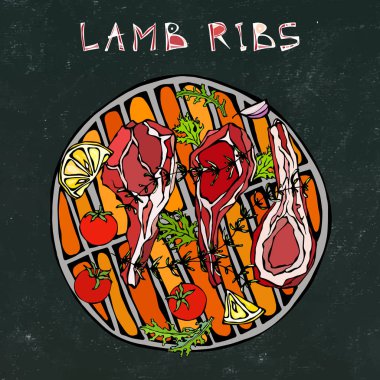 Otlu kuzu pirzola, limon, domates, maydanoz, kekik, biber. Round Grill BBQ 'da. Et Lokantası Menüsü. El Çizimi İllüstrasyonu. Doodle stili. Siyah Tahta Arkaplan ve Tebeşir