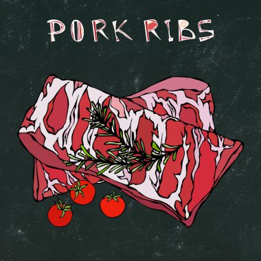 Rosemary Herb ve Domatesli Domuz Pirzolası. Et Rehberi Kasap Dükkanı veya Et Lokantası Menüsü. El Çizimi İllüstrasyonu. Doodle stili. Siyah Tahta Arkaplan ve Tebeşir