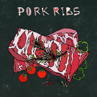 Rosemary Herb, Pepper, Bell Pepper ve Domates ile domuz pirzolası. Et Rehberi Kasap Dükkanı veya Et Lokantası Menüsü. El Çizimi İllüstrasyonu. Doodle stili. Siyah Tahta Arkaplan ve Tebeşir