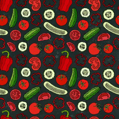 Mini salatalıklı vektör sebzesiz şablon, kırmızı domates, Bell Pepper. Taze yeşil salata. Sağlıklı vejetaryen yemekleri. El Çizimi İllüstrasyonu. Doodle stili. Siyah Tahta Arkaplan ve Tebeşir