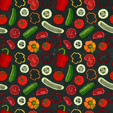 Mini salatalıklı vektör sebzesiz şablon, kırmızı domates, Bell Pepper. Taze yeşil salata. Sağlıklı vejetaryen yemekleri. El Çizimi İllüstrasyonu. Doodle stili. Siyah Tahta Arkaplan ve Tebeşir