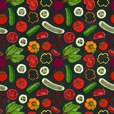 Salatalıklı, kırmızı domatesli, biberli, pancarlı vektör sebzesiz şablon. Taze yeşil salata. Sağlıklı vejetaryen yemekleri. El Çizimi İllüstrasyonu. Doodle stili. Siyah Tahta Arkaplan ve Tebeşir