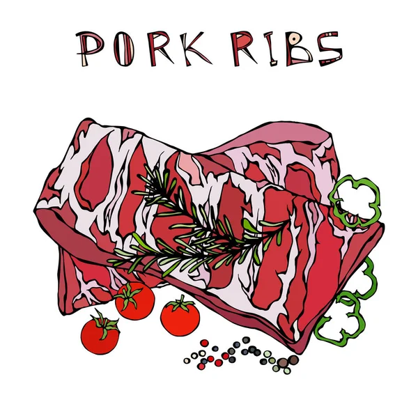 Rosemary Herb, Pepper, Bell Pepper ve Domates ile domuz pirzolası. Et Rehberi Kasap Dükkanı veya Et Lokantası Menüsü. El Çizimi İllüstrasyonu. Doodle Biçimi
