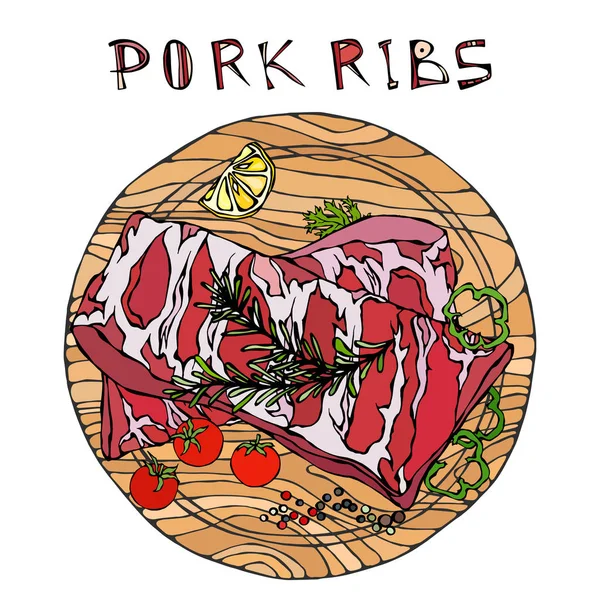 Rosemary Herb, Pepper, Lemon, Bell Pepper ve Domates ile domuz pirzolası. Yuvarlak Tahta Kesme Kurulunda. Et Rehberi Kasap Dükkanı veya Et Lokantası Menüsü. El Çizimi İllüstrasyonu. Doodle Biçimi