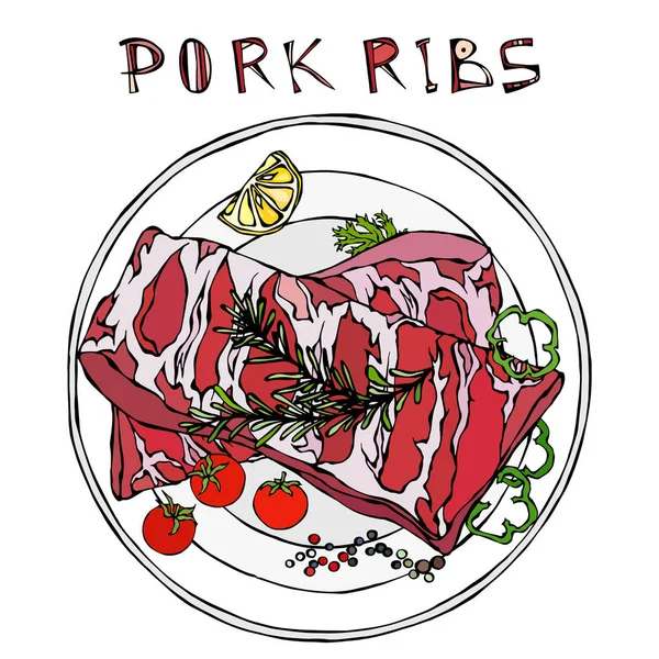 Rosemary Herb, Pepper, Lemon, Bell Pepper ve Domates ile domuz pirzolası. Yuvarlak bir tabakta. Et Rehberi Kasap Dükkanı veya Et Lokantası Menüsü. El Çizimi İllüstrasyonu. Doodle Biçimi