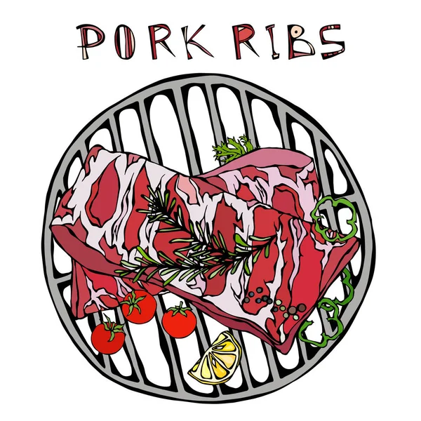 Rosemary Herb, Pepper, Lemon, Bell Pepper ve Domates ile domuz pirzolası. Round BBQ Grill 'de. Et Rehberi Kasap Dükkanı veya Et Lokantası Menüsü. El Çizimi İllüstrasyonu. Doodle Biçimi