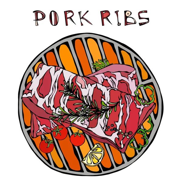 Rosemary Herb, Pepper, Lemon, Bell Pepper ve Domates ile domuz pirzolası. Round BBQ Grill 'de. Et Rehberi Kasap Dükkanı veya Et Lokantası Menüsü. El Çizimi İllüstrasyonu. Doodle Biçimi