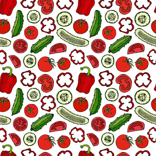 Vector Seamless Pattern Mini Cucumbers Red Tomatoes Bell Pepper Tomato — Stock Vector