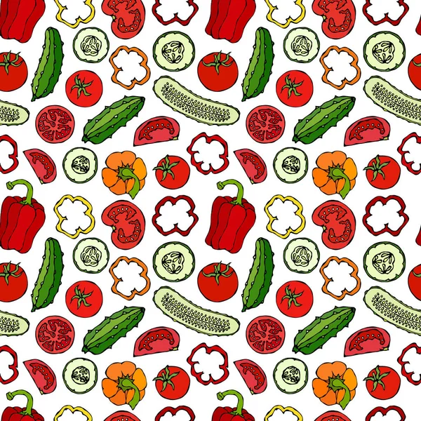 Mini salatalıklı, kırmızı domatesli, dolma biberli ve domatesli. Taze Yeşil Sebze Salatası. Sağlıklı vejetaryen mutfağı. El Çizimi İllüstrasyonu. Doodle Biçimi