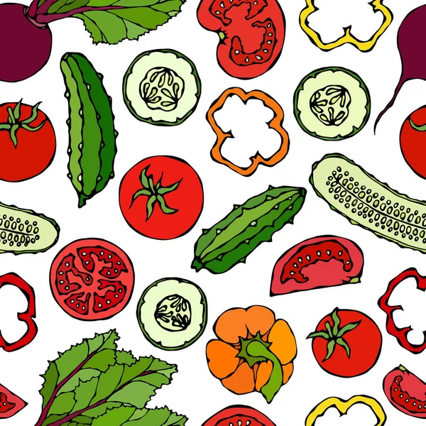 Vector Vegetable Seamless Pattern Cucumbers Red Tomatoes Bell Pepper Beet — Stock Vector