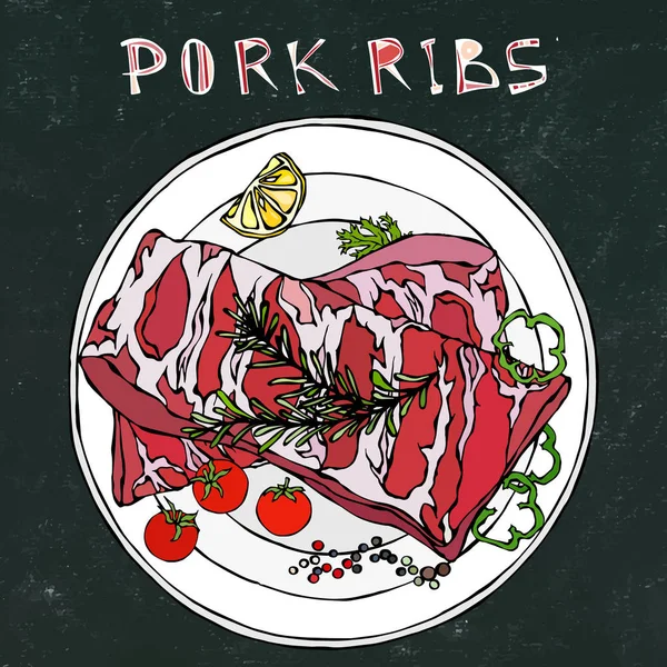 Rosemary Herb, Pepper, Lemon, Bell Pepper ve Domates ile domuz pirzolası. Yuvarlak bir tabakta. Et Dükkanı ya da Et Lokantası Menüsü. Kara Tahta Geçmişi ve Tebeşir. El Çizimi İllüstrasyonu. Doodle Biçimi