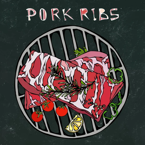 Rosemary Herb, Pepper, Lemon, Bell Pepper ve Domates ile domuz pirzolası. Round BBQ Grill 'de. Et Lokantası Menüsü. El Çizimi İllüstrasyonu. Doodle stili. Siyah Tahta Arkaplan ve Tebeşir