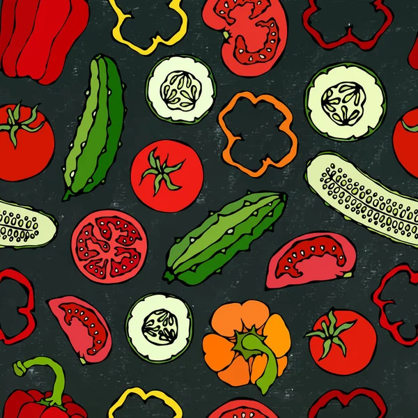 采购产品向量蔬菜无缝图案与小黄瓜 红色番茄 新鲜绿色沙拉 健康素食 手绘图解 斗牛士风格 黑板背景及粉笔 — 图库矢量图片