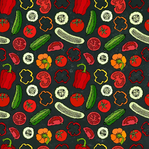 Mini salatalıklı vektör sebzesiz şablon, kırmızı domates, Bell Pepper. Taze yeşil salata. Sağlıklı vejetaryen yemekleri. El Çizimi İllüstrasyonu. Doodle stili. Siyah Tahta Arkaplan ve Tebeşir