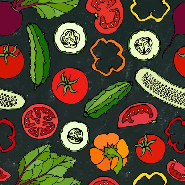 有黄瓜 红番茄 甜菜的向量蔬菜无缝图案 新鲜绿色沙拉 健康素食 手绘图解 斗牛士风格 黑板背景及粉笔 — 图库矢量图片