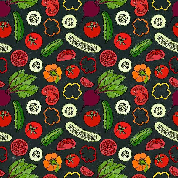 Salatalıklı, kırmızı domatesli, biberli, pancarlı vektör sebzesiz şablon. Taze yeşil salata. Sağlıklı vejetaryen yemekleri. El Çizimi İllüstrasyonu. Doodle stili. Siyah Tahta Arkaplan ve Tebeşir