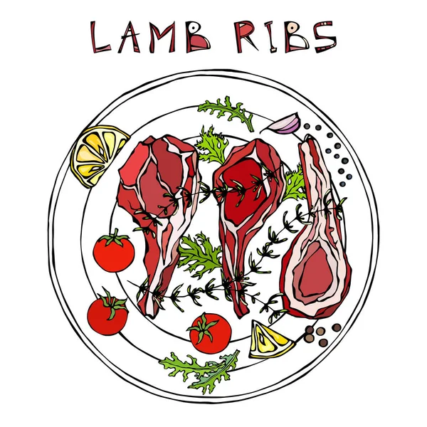 Lamb Ribs Chops Herbs Lemon Tomato Parsley Thyme Pepper Круглій — стоковий вектор