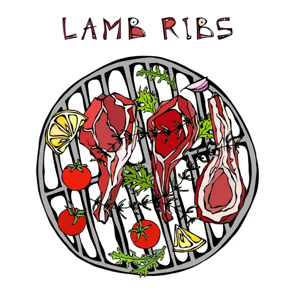Lamb Ribs Chops Herbs Lemon Tomato Parsley Thyme Pepper Grill — Stock Vector