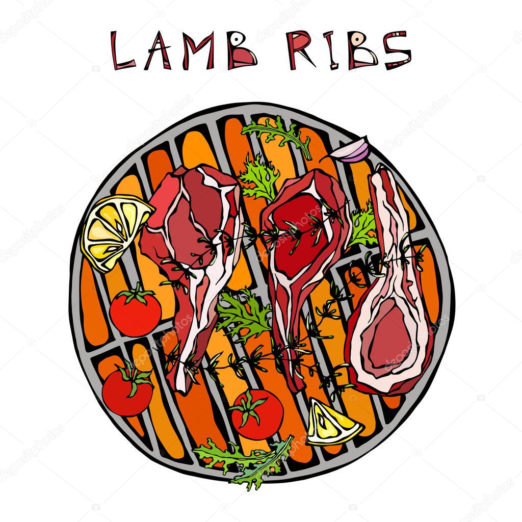 Lamb Ribs Chops with Herbs, Lemon, Tomato, Parsley, Thyme, Pepper. On a Round Grill BBQ. Meat Guide for Butcher Shop or Steak House Restaurant Menu. Hand Drawn Illustration. Doodle Style