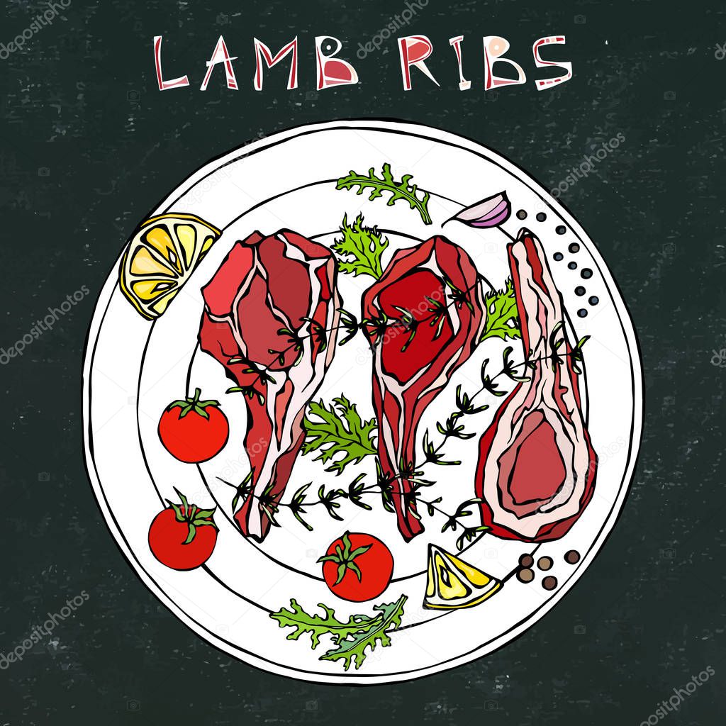 Lamb Ribs Chops with Herbs, Lemon, Tomato, Parsley, Thyme, Pepper. On a Round Plate. Meat Guide Steak House Restaurant Menu. Hand Drawn Illustration. Doodle Style. Black Board Background and Chalk
