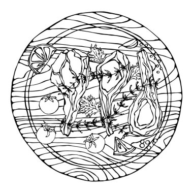 Otlu kuzu pirzola, limon, domates, maydanoz, kekik, biber. Yuvarlak Tahta Kesme Kurulunda. Et Rehberi Kasap Dükkanı veya Et Lokantası Menüsü. El Çizimi İllüstrasyonu. Doodle Biçimi