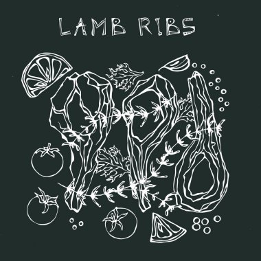 Otlu kuzu pirzola, limon, domates, maydanoz, kekik, biber. Kara Tahta Geçmişi ve Tebeşir. Restoran menüsü. El Çizimi İllüstrasyonu. Doodle Biçimi