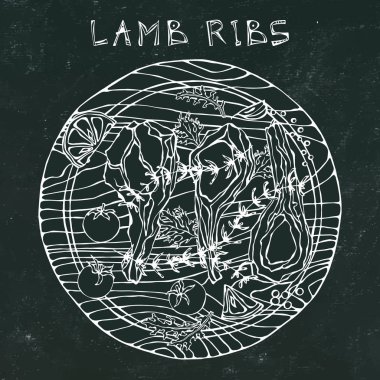 Otlu kuzu pirzola, limon, domates, maydanoz, kekik, biber. Yuvarlak Tahta Kesme Kurulunda. Et Rehberi Kasap Dükkanı veya Et Lokantası Menüsü. El Çizimi İllüstrasyonu. Doodle Biçimi