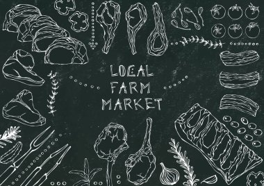 Yerel tarım pazarı. Et Kesikleri - Biftek, Domuz eti, Kuzu, Biftek, Kemiksiz Kalça, Pirzola Kızartma, Fileto ve Pirzola. Domates, zeytin, dolma biber, soğan, sarımsak, otlu çatal maşa kara tahta arka plan ve tebeşir.