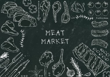 Et pazarı. Et Kesikleri - Biftek, Domuz eti, Kuzu, Biftek, Kemiksiz Kalça, Pirzola Kızartma, Fileto ve Pirzola. Domates, zeytin, dolma biber, soğan, sarımsaklı otlar çatal maşa kara tahta arka plan ve tebeşir.