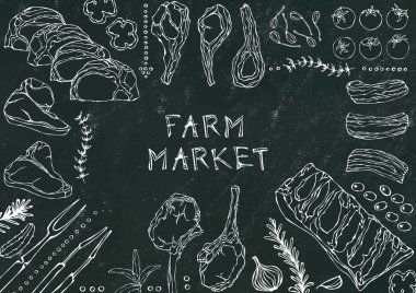 Çiftlik Pazarı. Et Kesikleri - Biftek, Domuz eti, Kuzu, Biftek, Kemiksiz Kalça, Pirzola Kızartma, Fileto ve Pirzola. Domates, zeytin, dolma biber, soğan, sarımsaklı otlar çatal maşa kara tahta arka plan ve tebeşir.