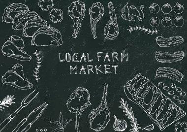 Yerel tarım pazarı. Et Kesikleri - Biftek, Domuz eti, Kuzu, Biftek, Kemiksiz Kalça, Pirzola Kızartma, Fileto ve Pirzola. Domates, zeytin, dolma biber, soğan, sarımsak, otlu çatal maşa kara tahta arka plan ve tebeşir.