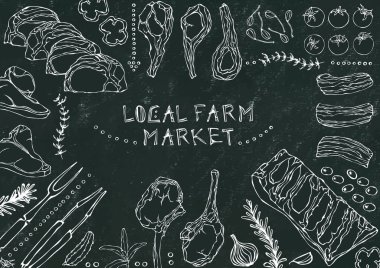 Yerel tarım pazarı. Et Kesikleri - Biftek, Domuz eti, Kuzu, Biftek, Kemiksiz Kalça, Pirzola Kızartma, Fileto ve Pirzola. Domates, zeytin, dolma biber, soğan, sarımsak, otlu çatal maşa kara tahta arka plan ve tebeşir.