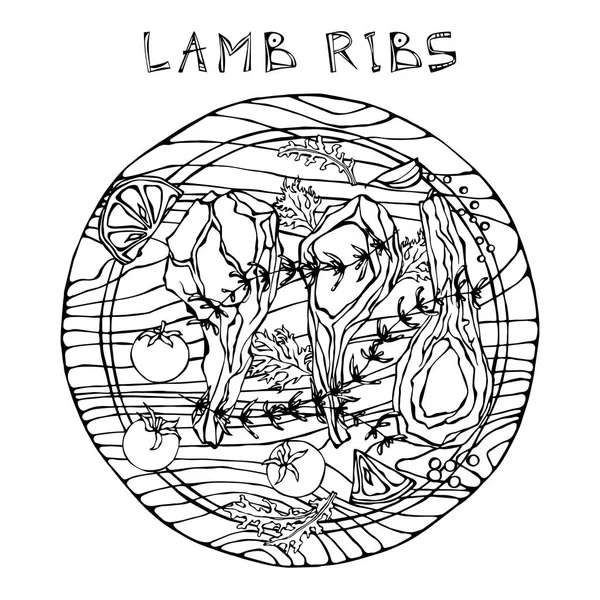 Lamb Ribs Chops Herbs Lemon Tomato Parsley Thyme Pepper Wooden — Stock Vector