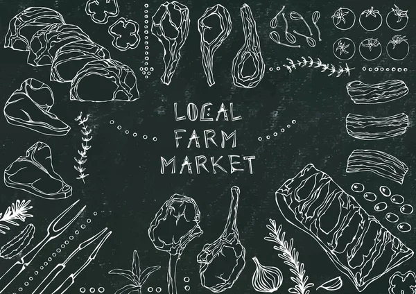 Yerel tarım pazarı. Et Kesikleri - Biftek, Domuz eti, Kuzu, Biftek, Kemiksiz Kalça, Pirzola Kızartma, Fileto ve Pirzola. Domates, zeytin, dolma biber, soğan, sarımsak, otlu çatal maşa kara tahta arka plan ve tebeşir.