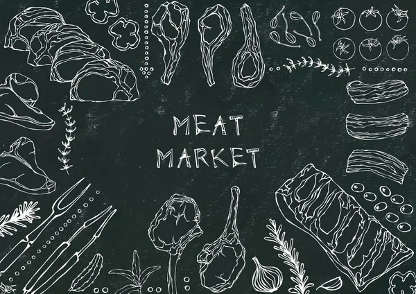 Mercado Carnes Cortes Carne Carne Porco Cordeiro Bife Caroço Sem — Vetor de Stock